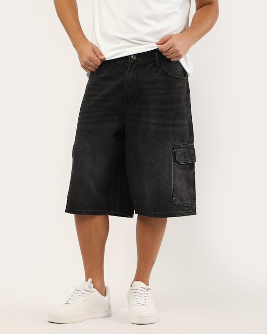 Bermuda black jeans masculina skater cargo estonada | Pool Jeans