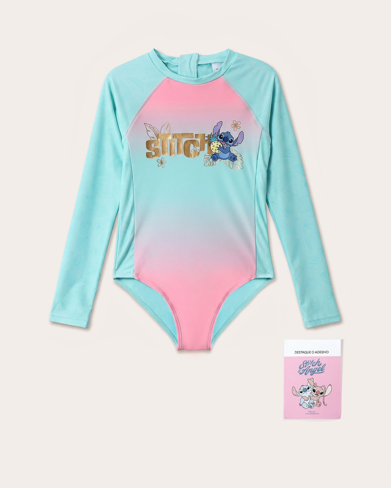 Maiô infantil Stitch manga longa com adesivo 5-12A - Multicor