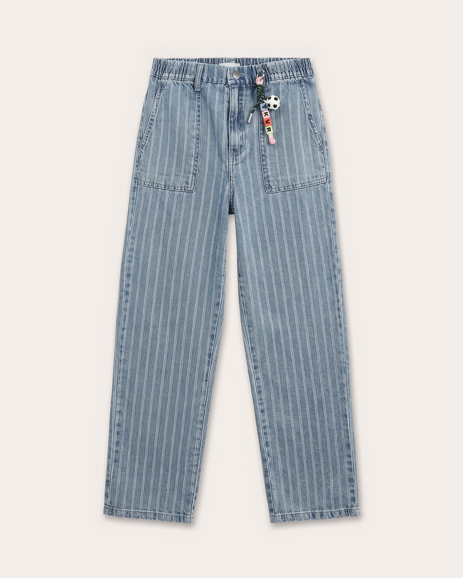 Calça jeans infantil reta listrada com chaveiro 6-14A - denim médio