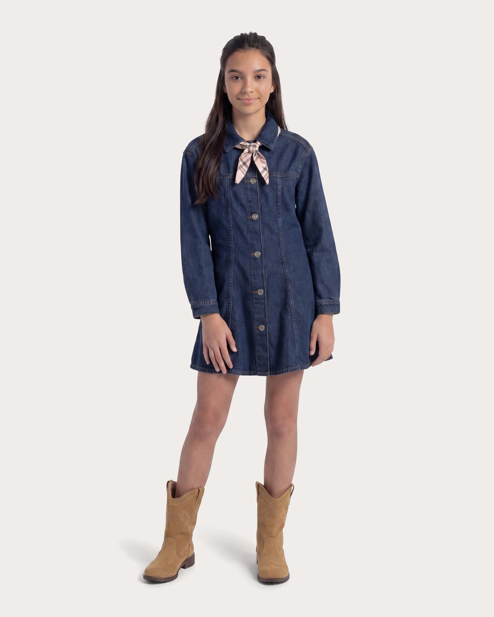 Vestido jeans infantil midi com bandana 6-14A - denim médio