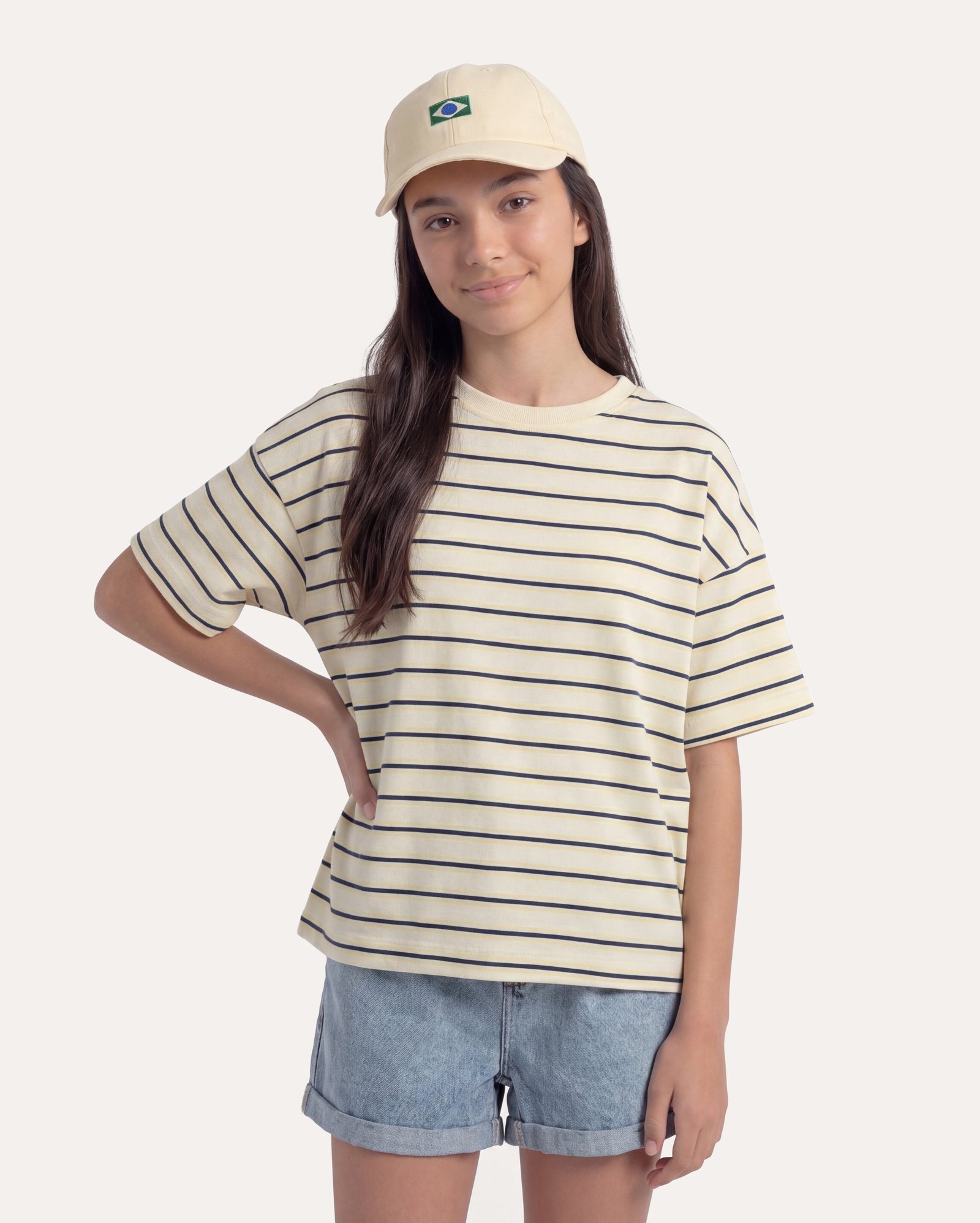 Camiseta infantil boxy listrada 6-14A - amarela