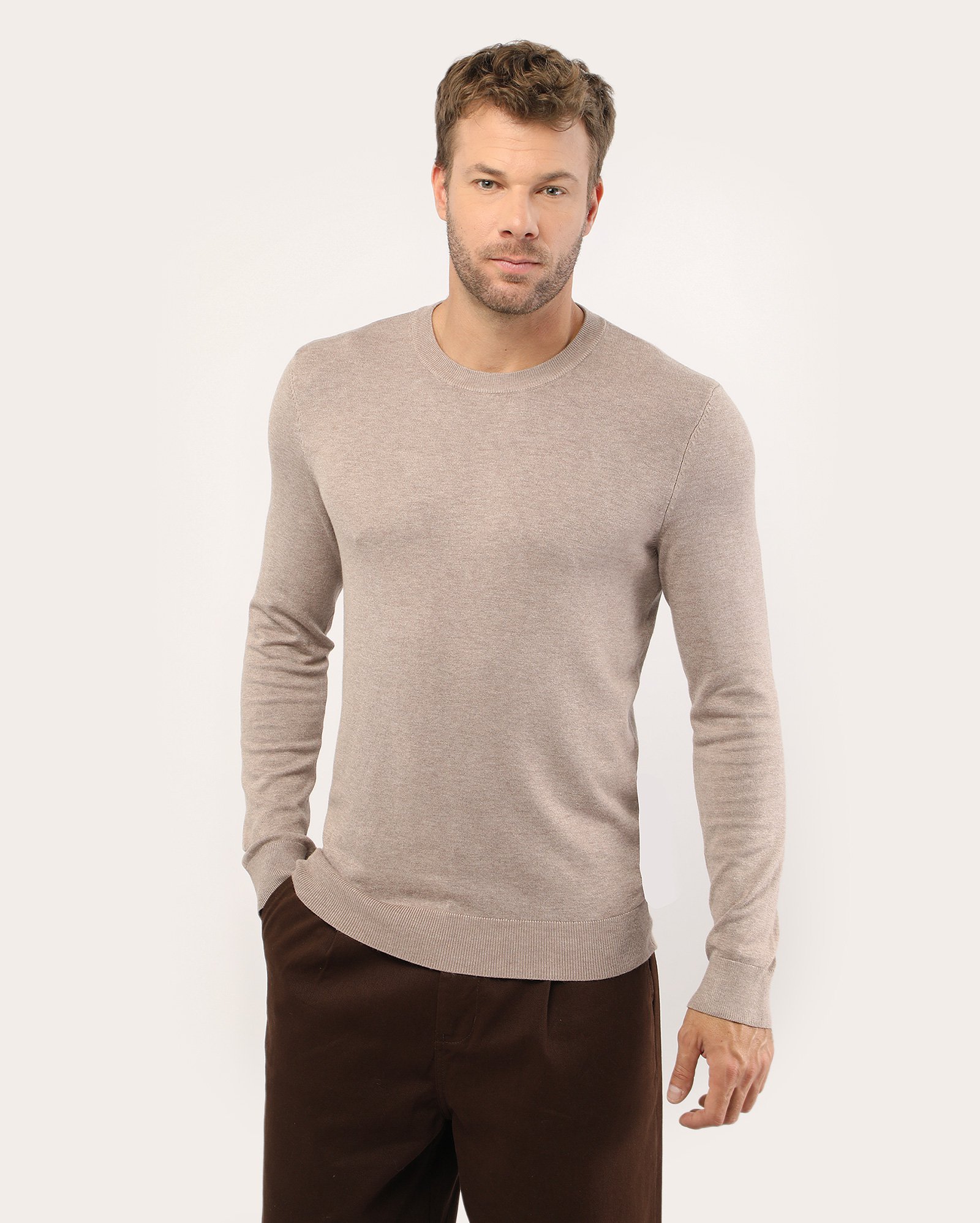 Suéter masculino de tricot ajustado - Bege Mescla