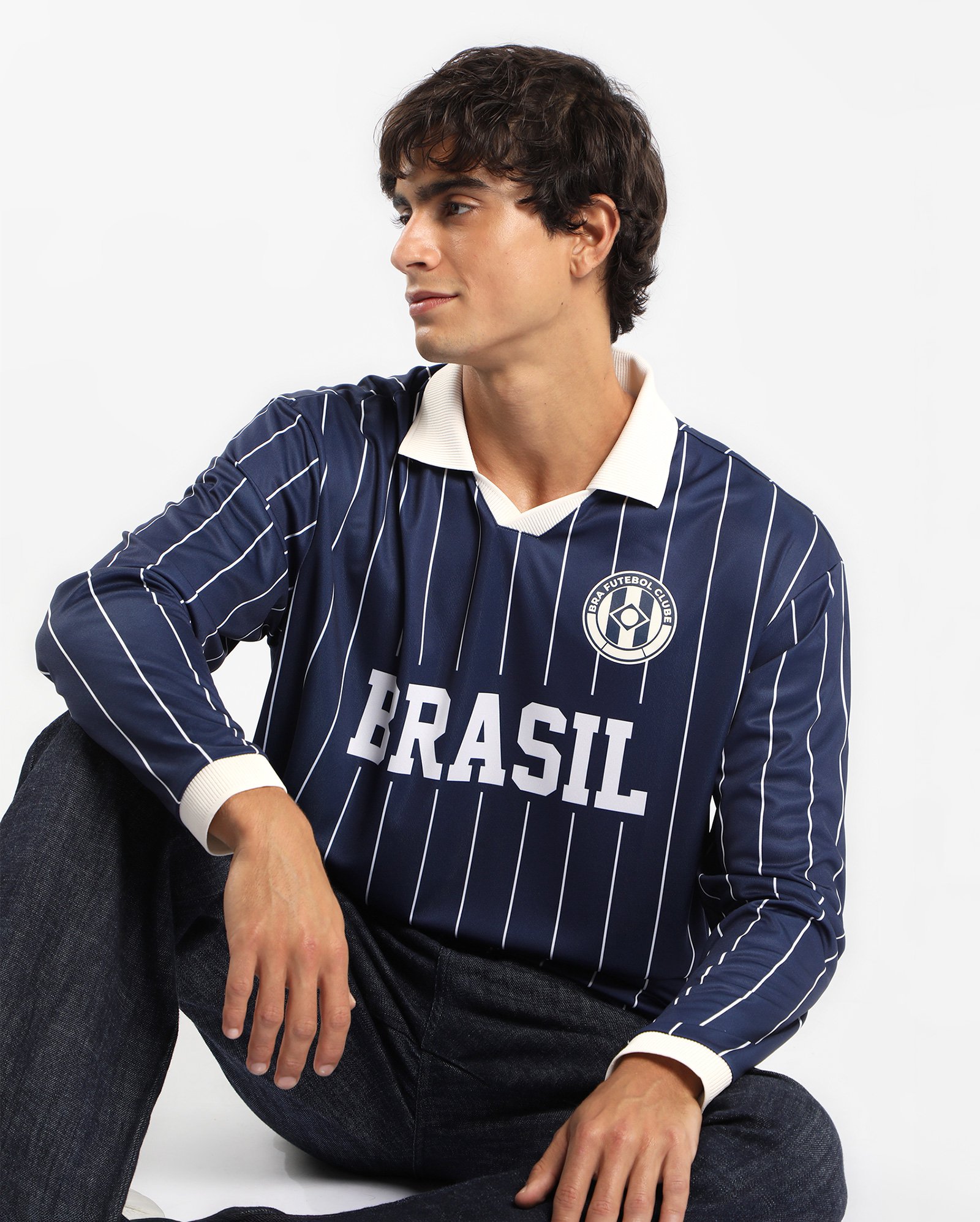 Polo masculina relaxed listrada Brasil - azul