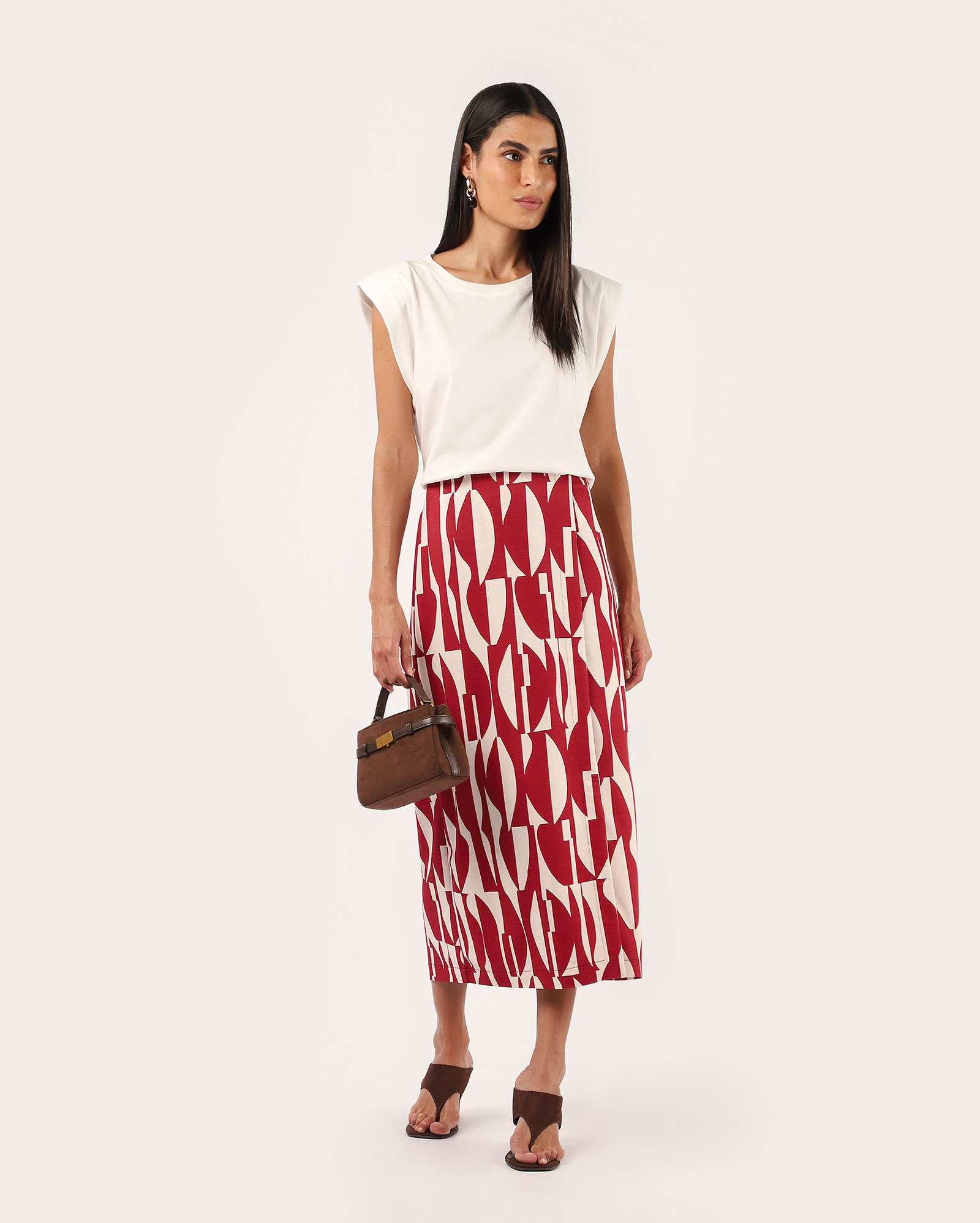 Saia midi estampada com fenda frontal – vermelha