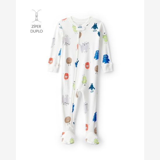 Macacão pijama bebê com pezinho monstrinhos - off-white | Carter's