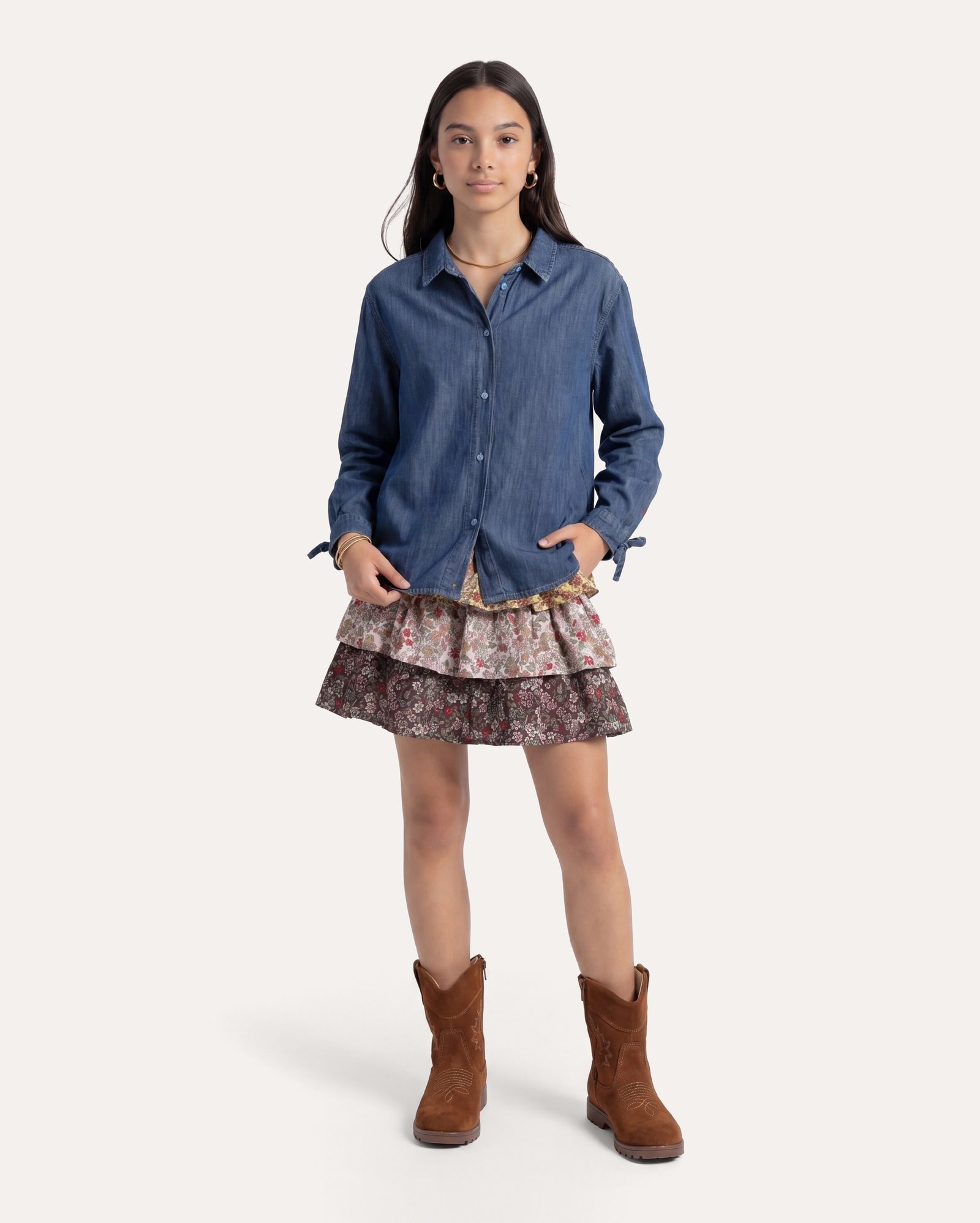 Saia infantil em camadas estampa floral 6-14A - multicor