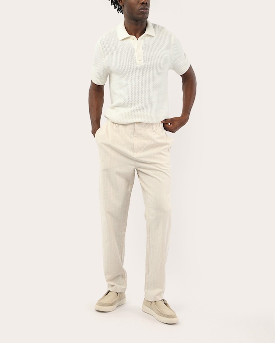 Calça masculina regular com linho listrada - Bege