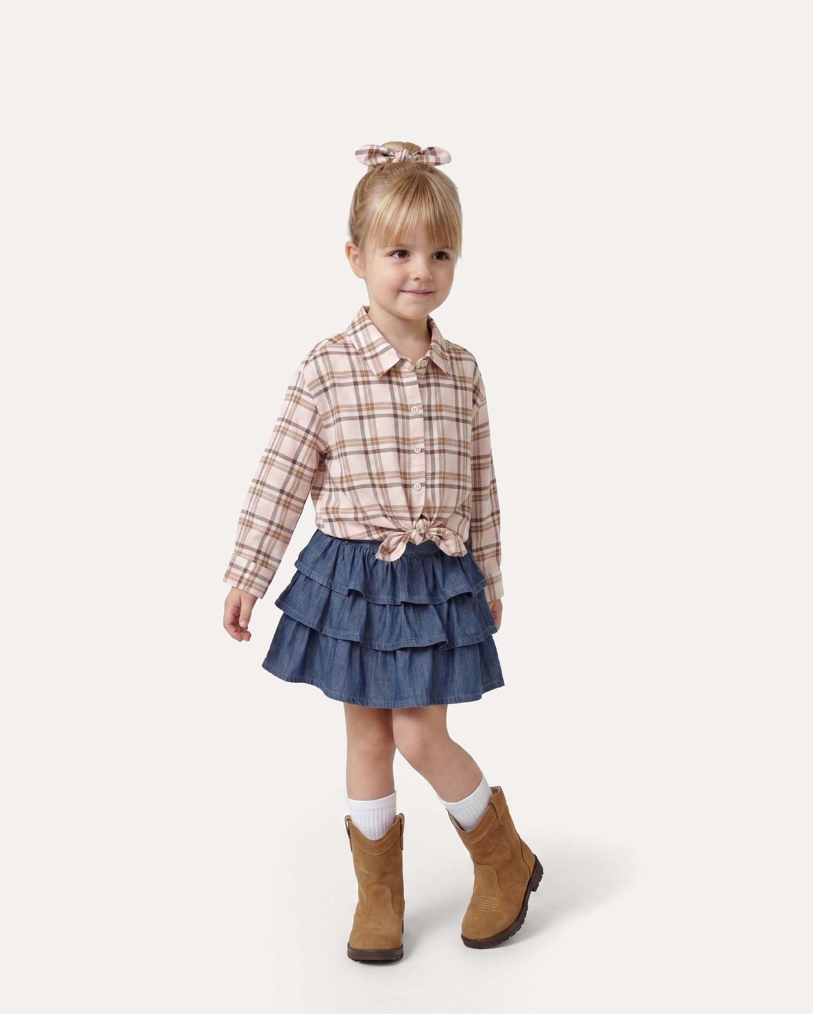 Short-saia jeans infantil babados com scrunchie 1-6A - denim escuro