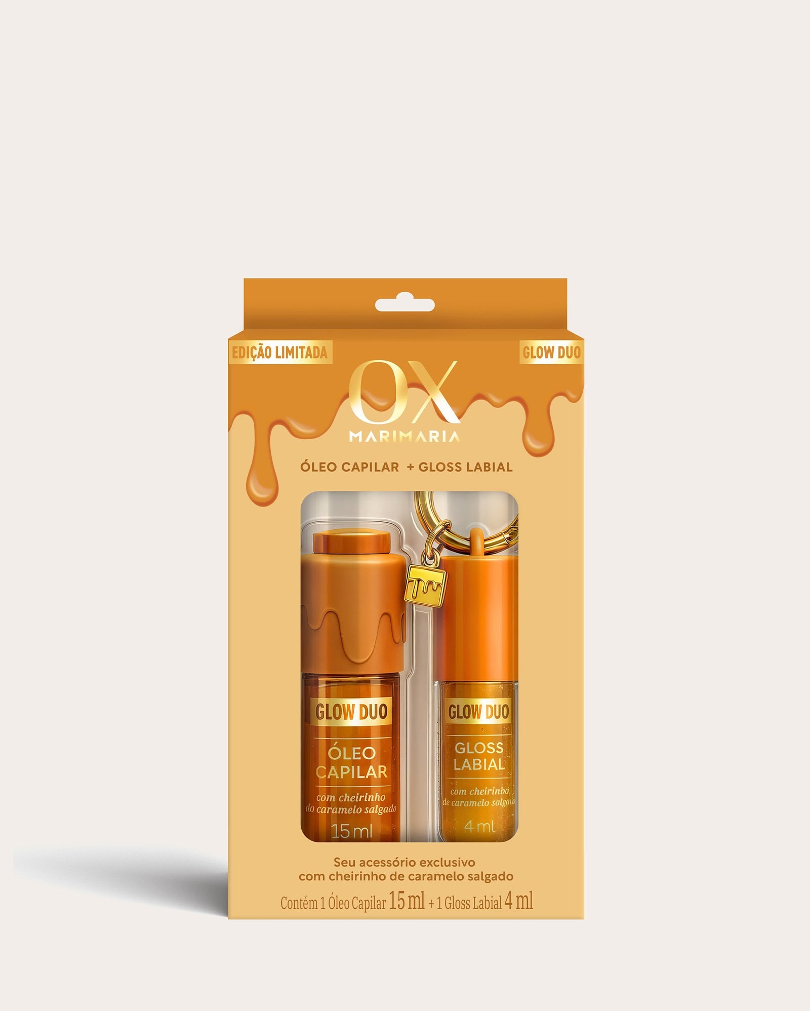 Kit óleo capilar 15ml + gloss labial Glow Duo caramelo salgado 4ml | OX