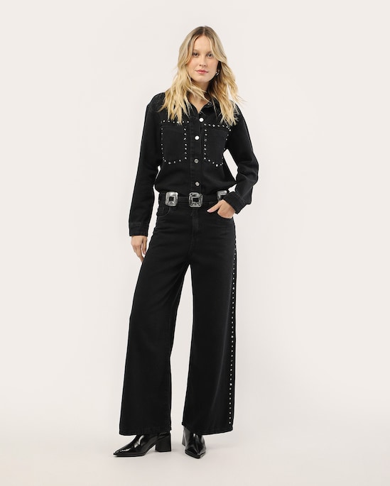 Calça sarja feminina palazzo com tachas | Pool Jeans