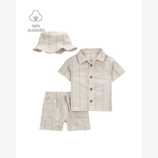 Conjunto curto bebê 2 peças listrado + chapéu - bege | Carter's