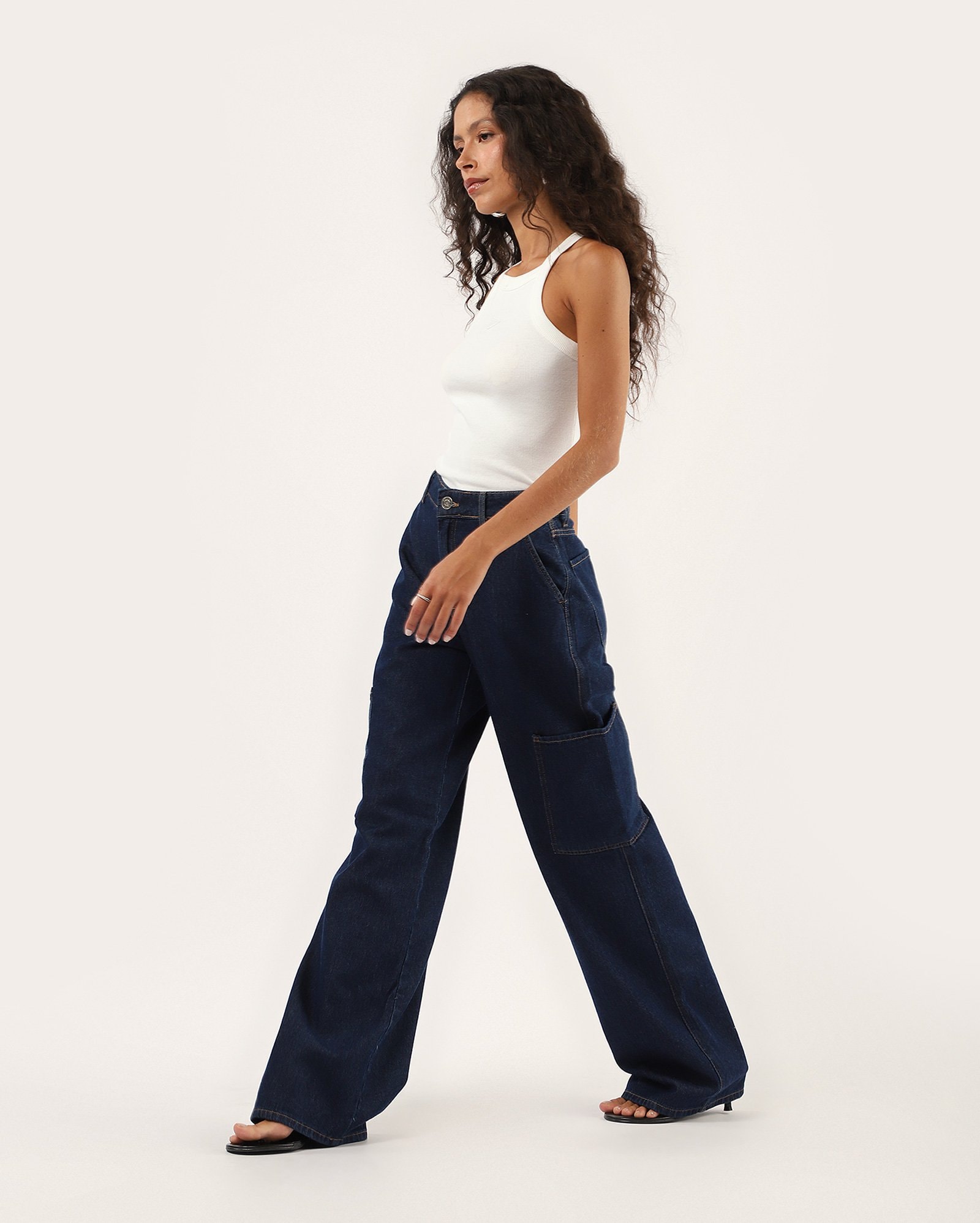 Calça jeans feminina wide leg cargo - denim escuro | Pool Jeans