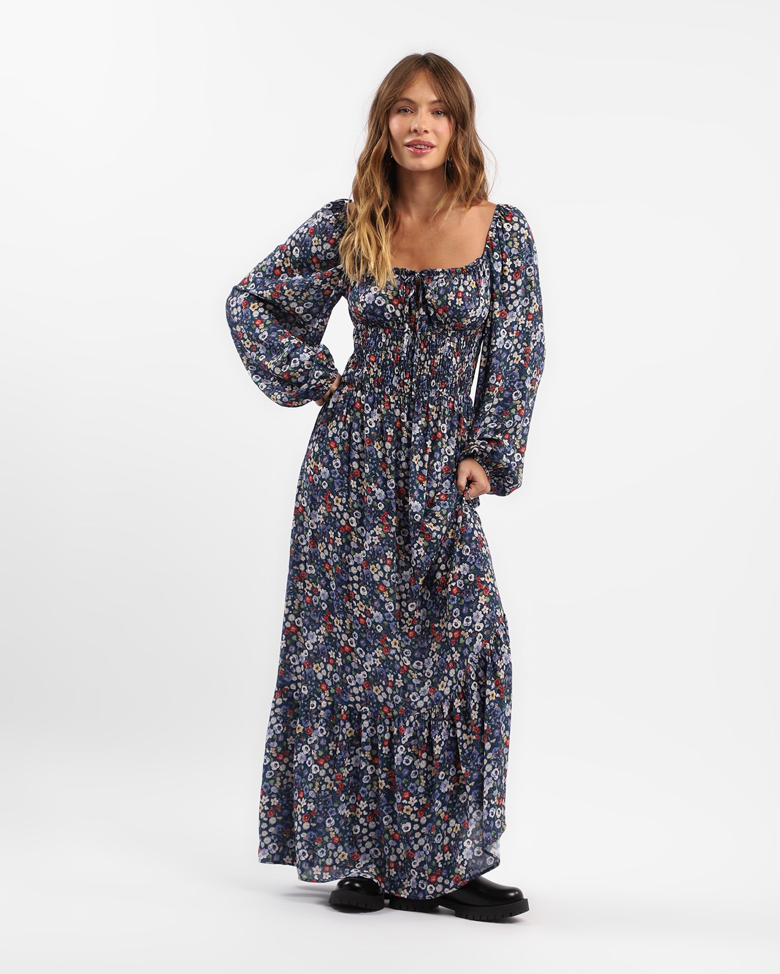 Vestido longo estampa floral com lastex - azul