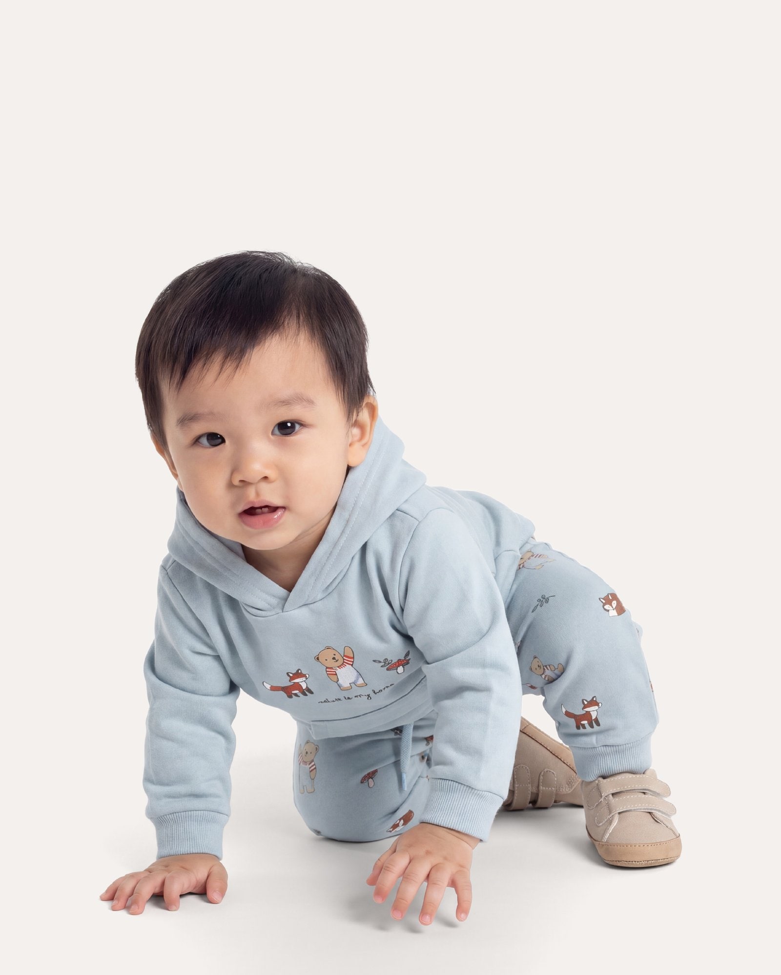 Conjunto longo de moletom bebê 2 peças urso e raposa - azul