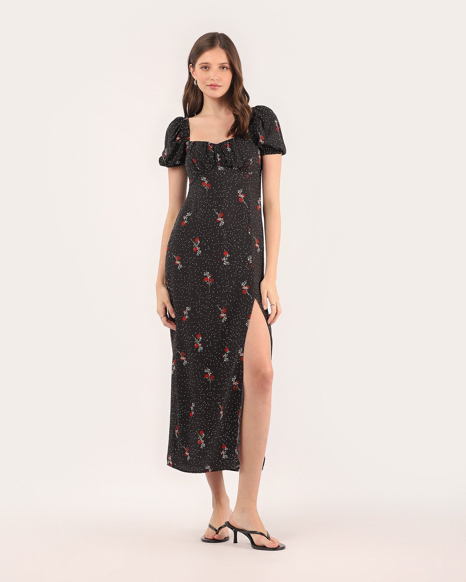 Vestido midi reto com estampa - Preto