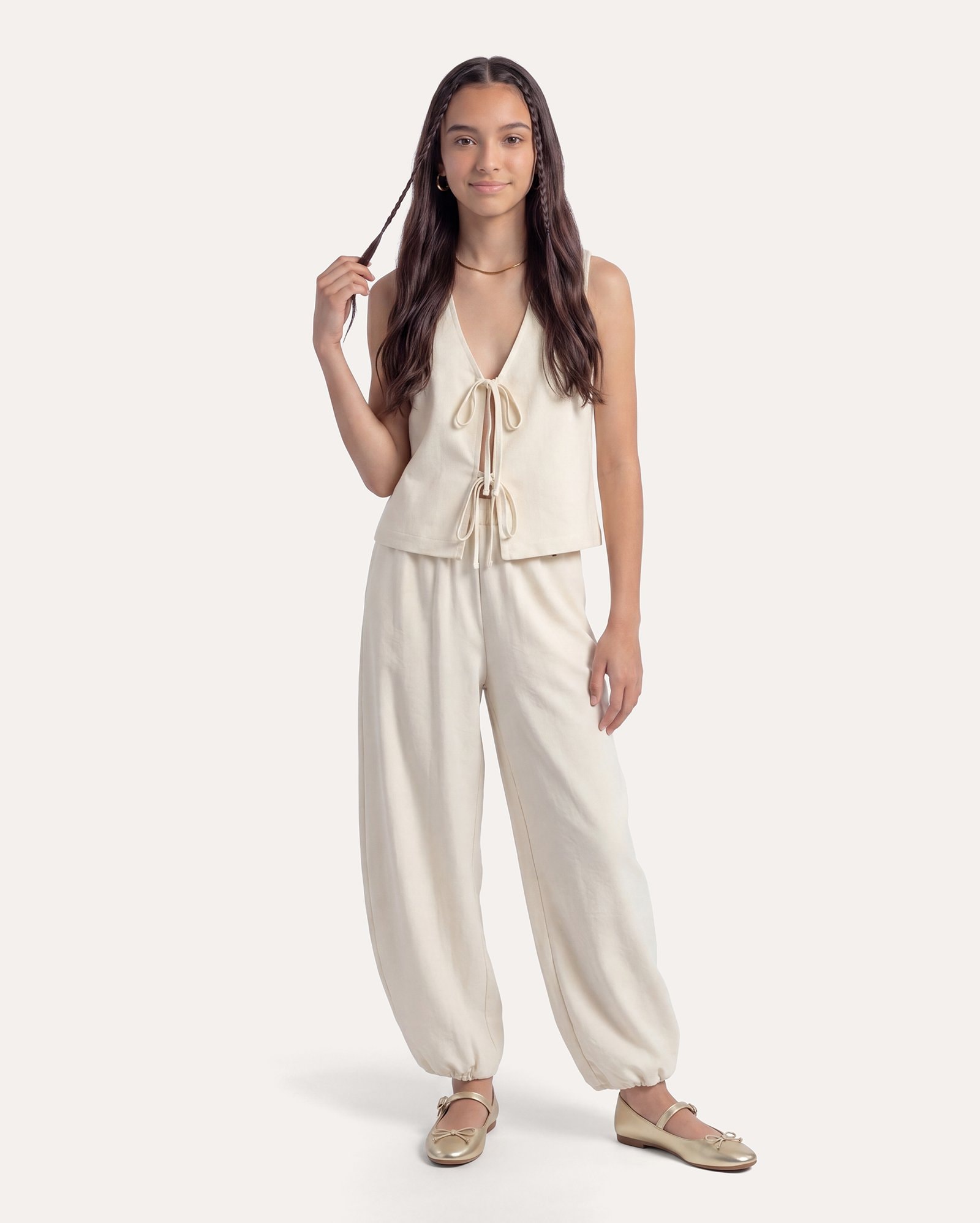 Calça infantil Aladim aveludado 6-14A - off-white