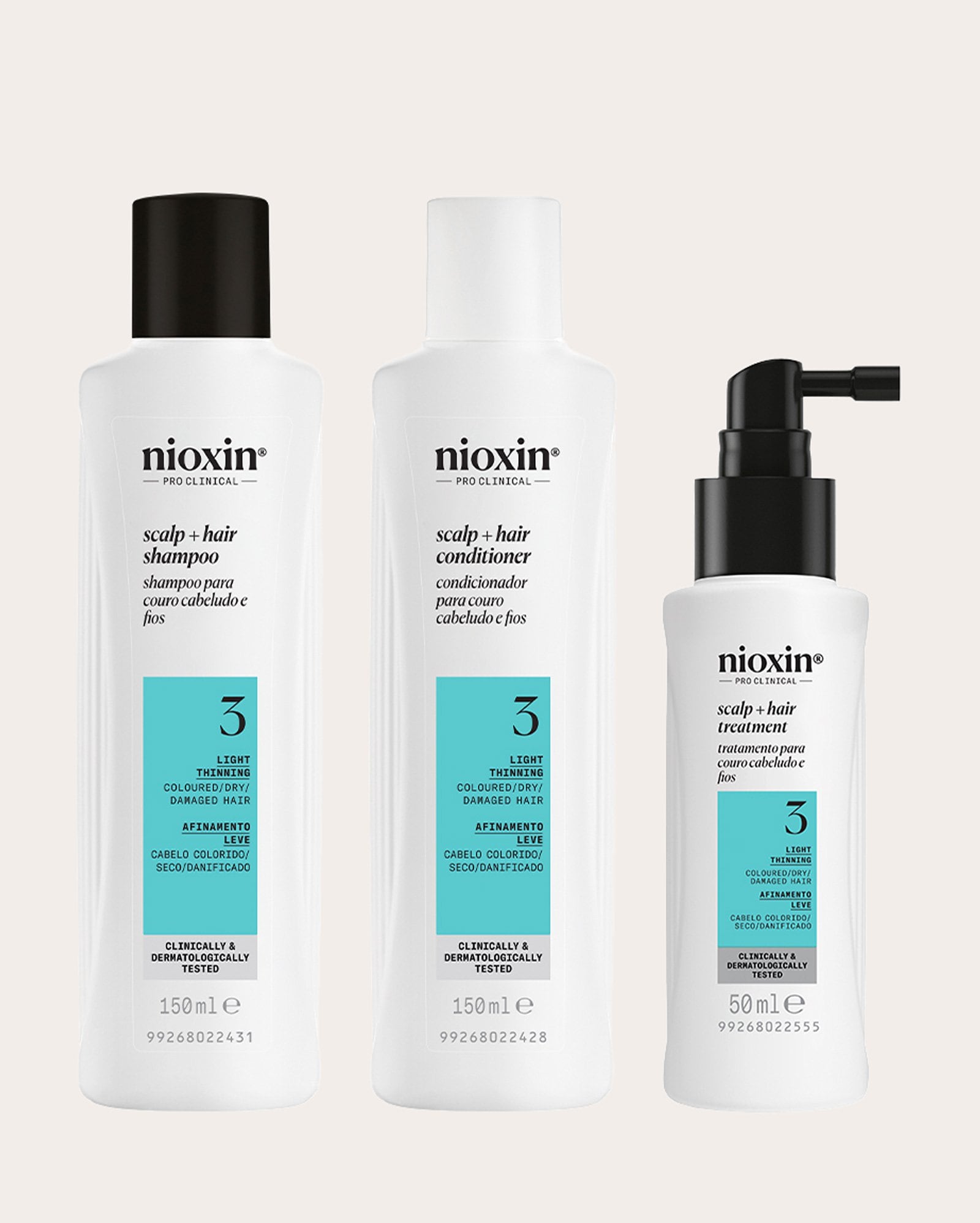 Kit shampoo 150ml + condicionador 150ml + tratamento de couro cabeludo Sistema 3 50ml | Nioxin