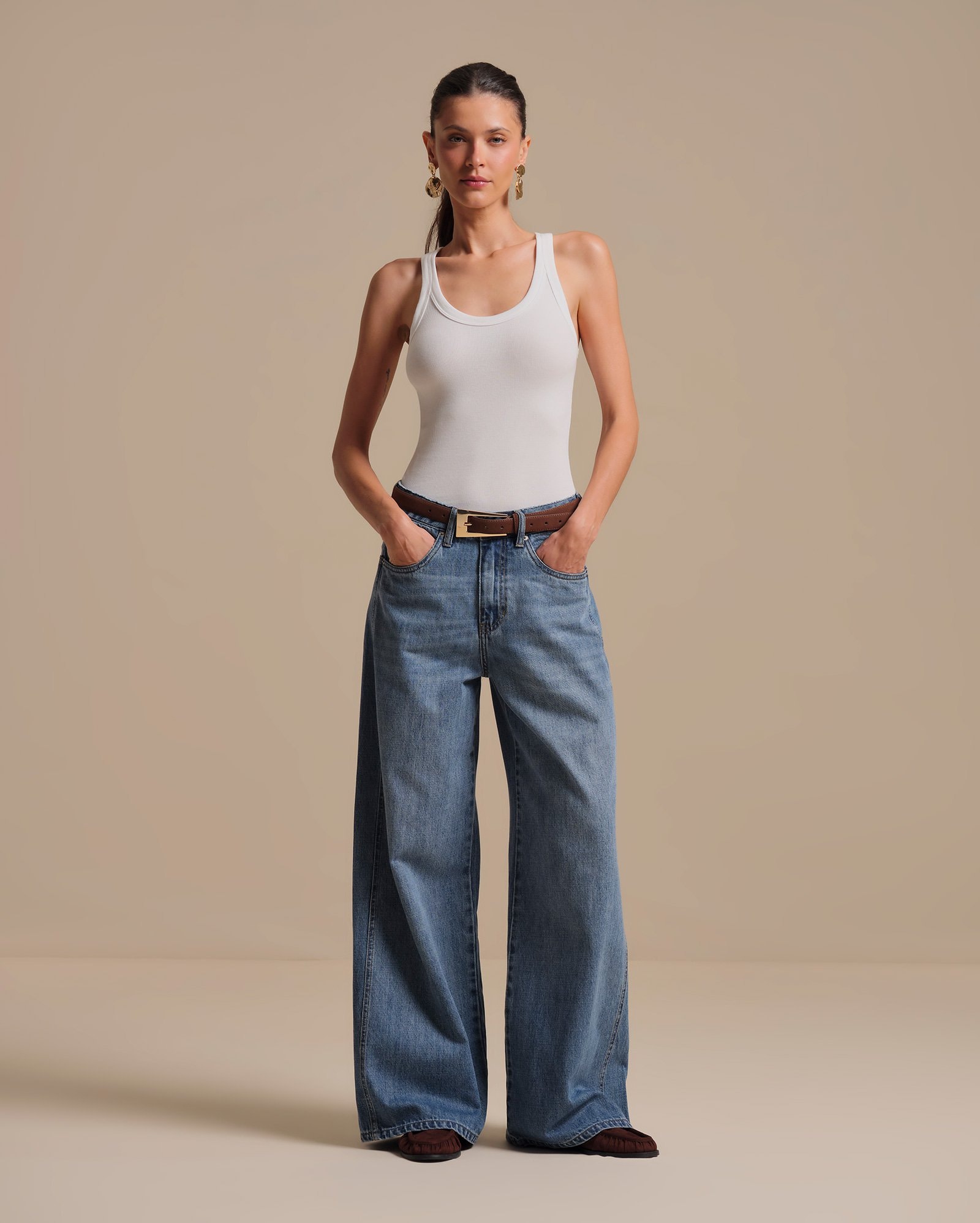 Calça jeans feminina palazzo loose - denim médio