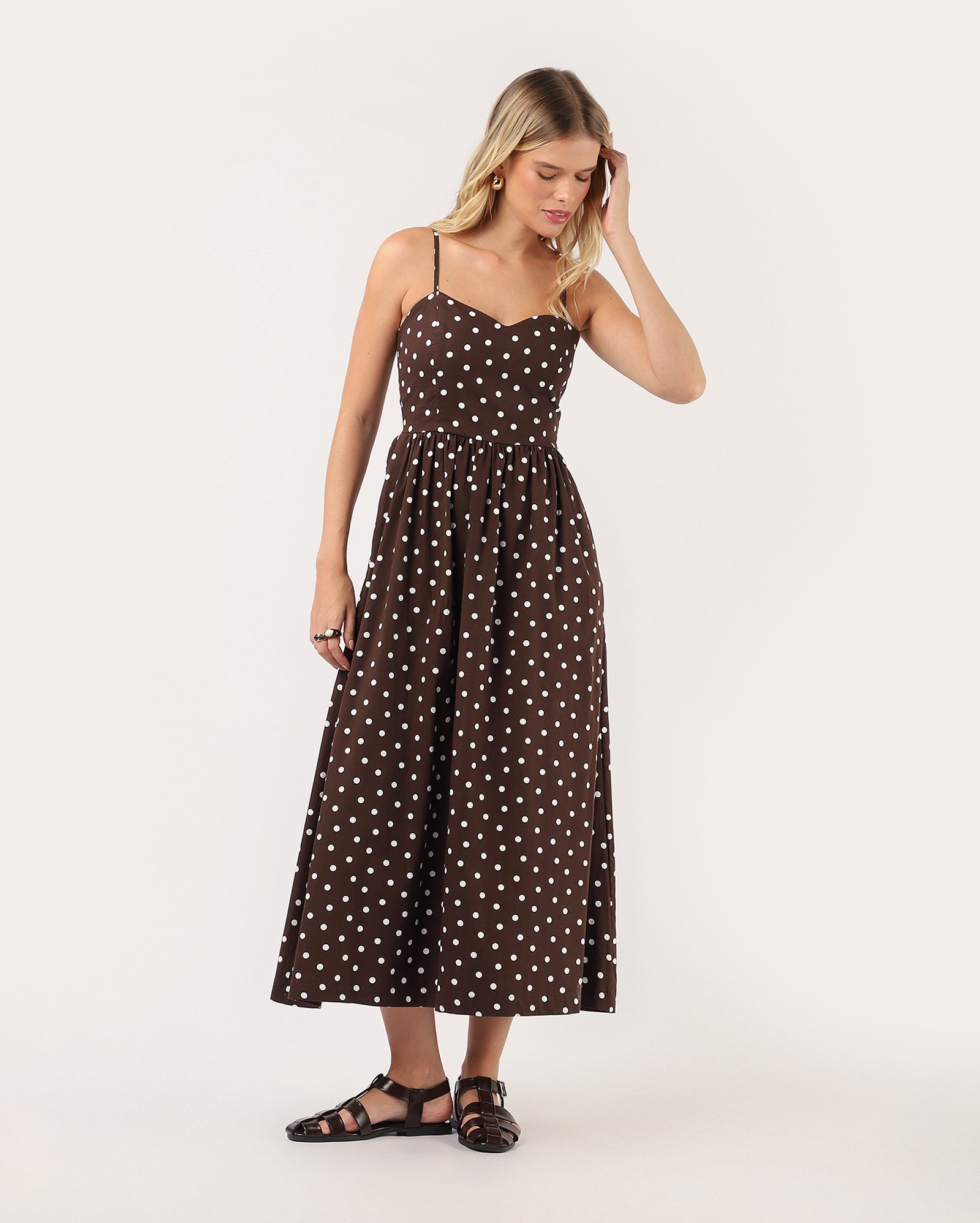 Vestido midi godê Lequinha poá com bolso - marrom