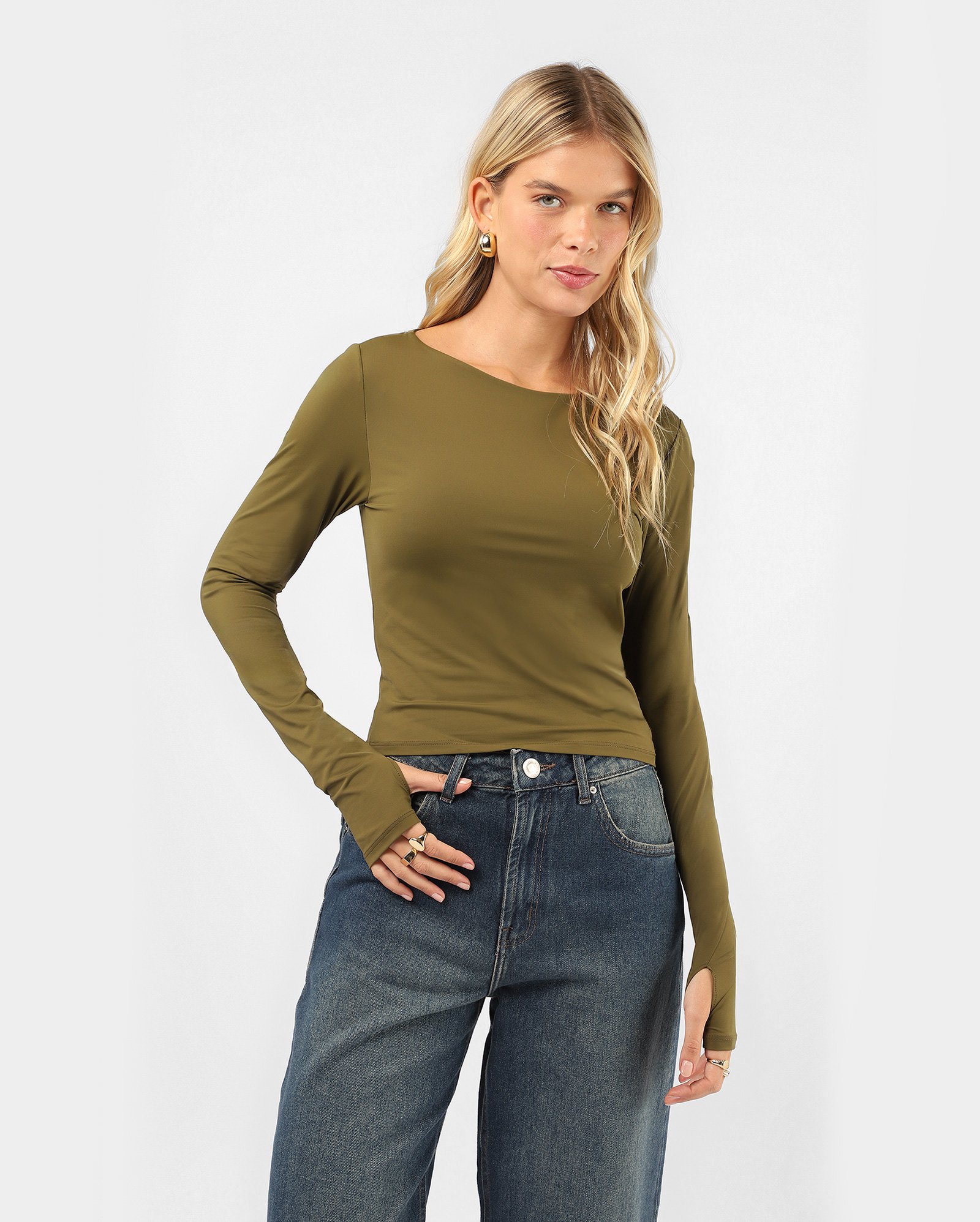Blusa feminina de poliamida manga longa com dedeira - verde