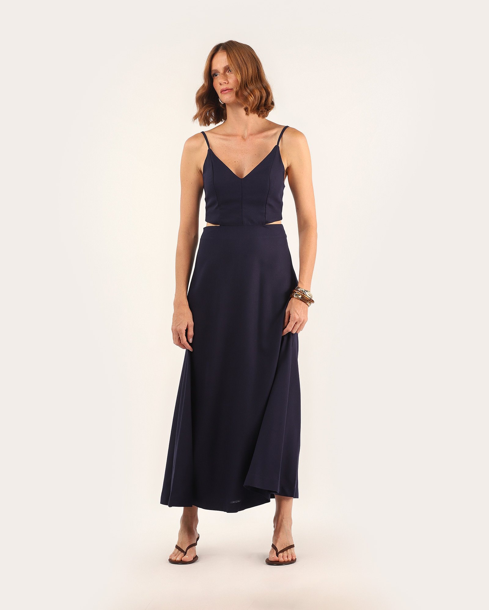 Vestido feminino midi recortes laterais – azul