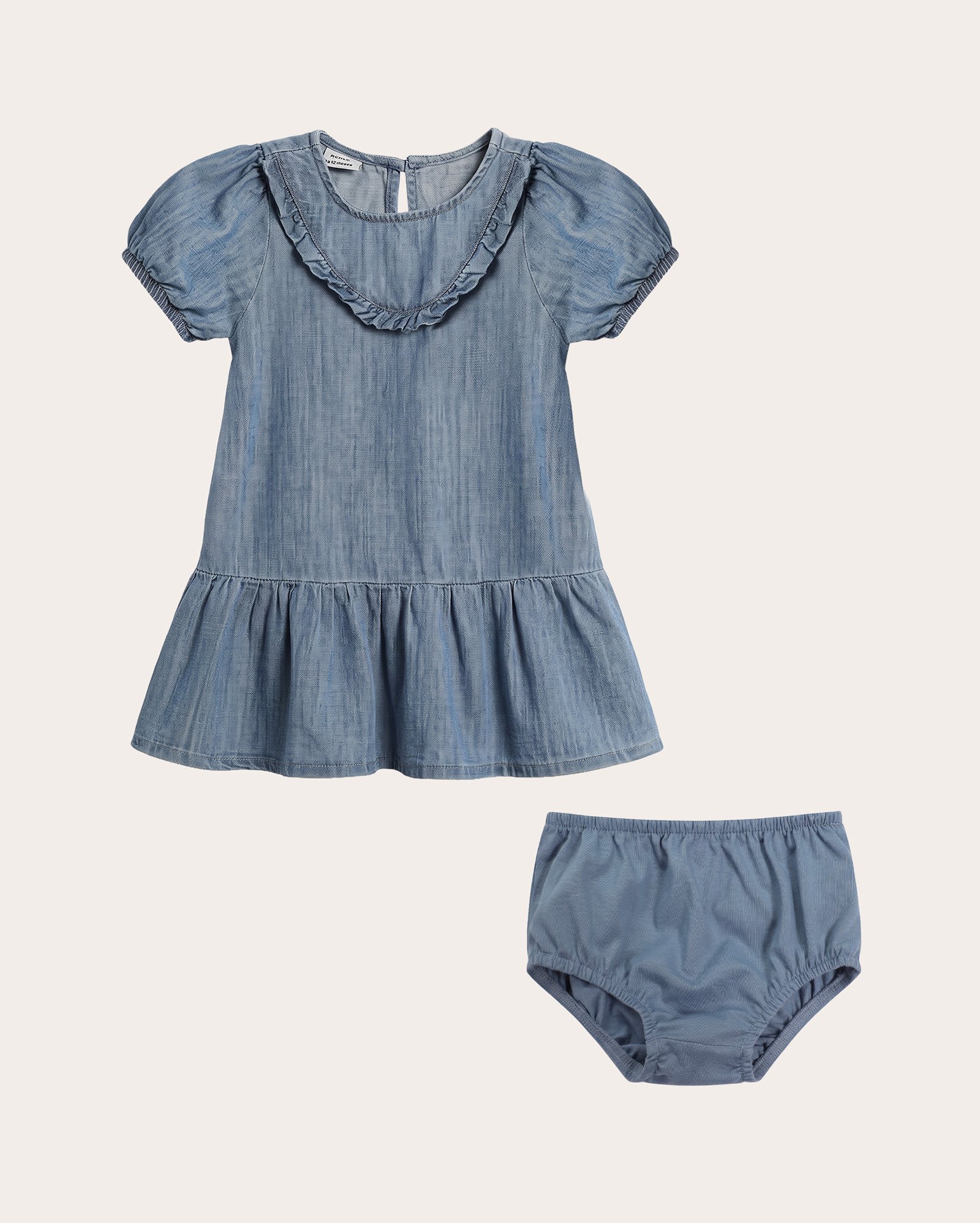 Vestido jeans bebê evasê babado com calcinha - Denim Médio
