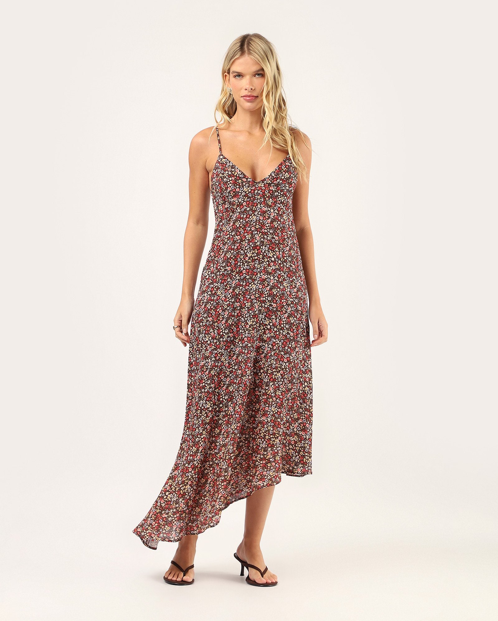 Vestido midi floral assimétrico - multicor