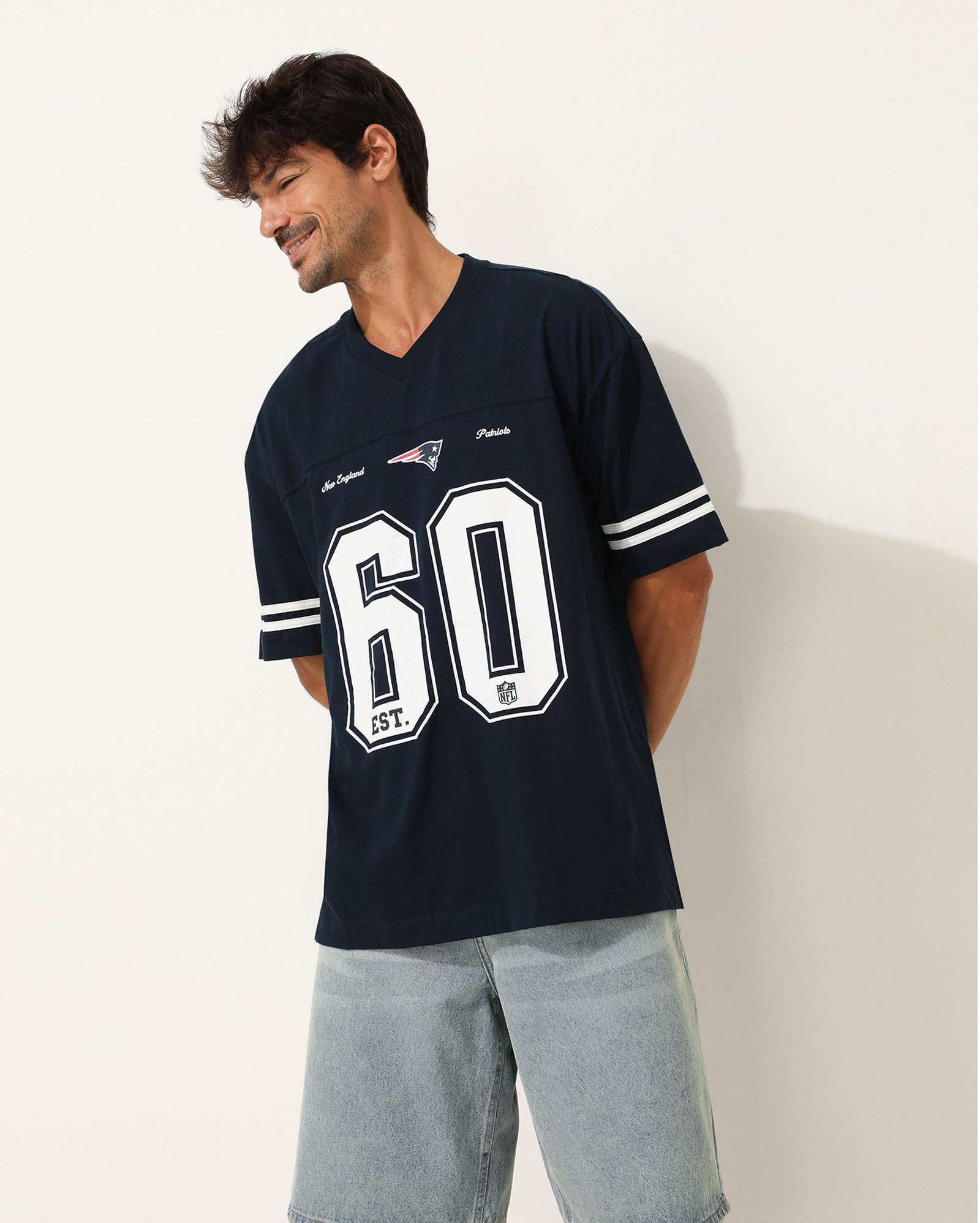 Camiseta masculina oversized New England Patriots em algodão - Azul Escuro