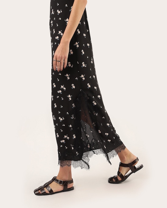 Vestido midi slip dress feminino em crepe floral - Preto