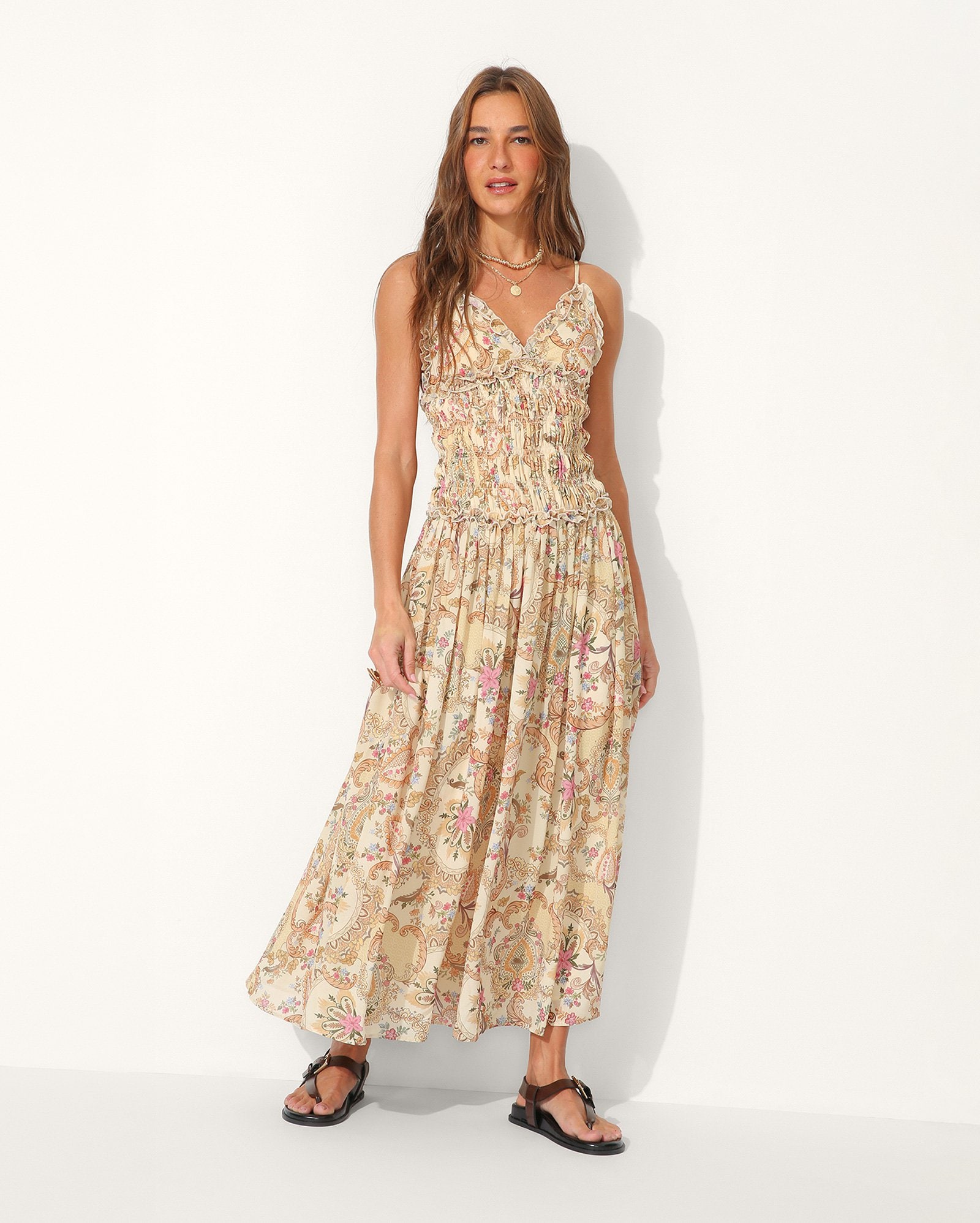 Vestido longo evasê com babados feminino estampado - Multicor