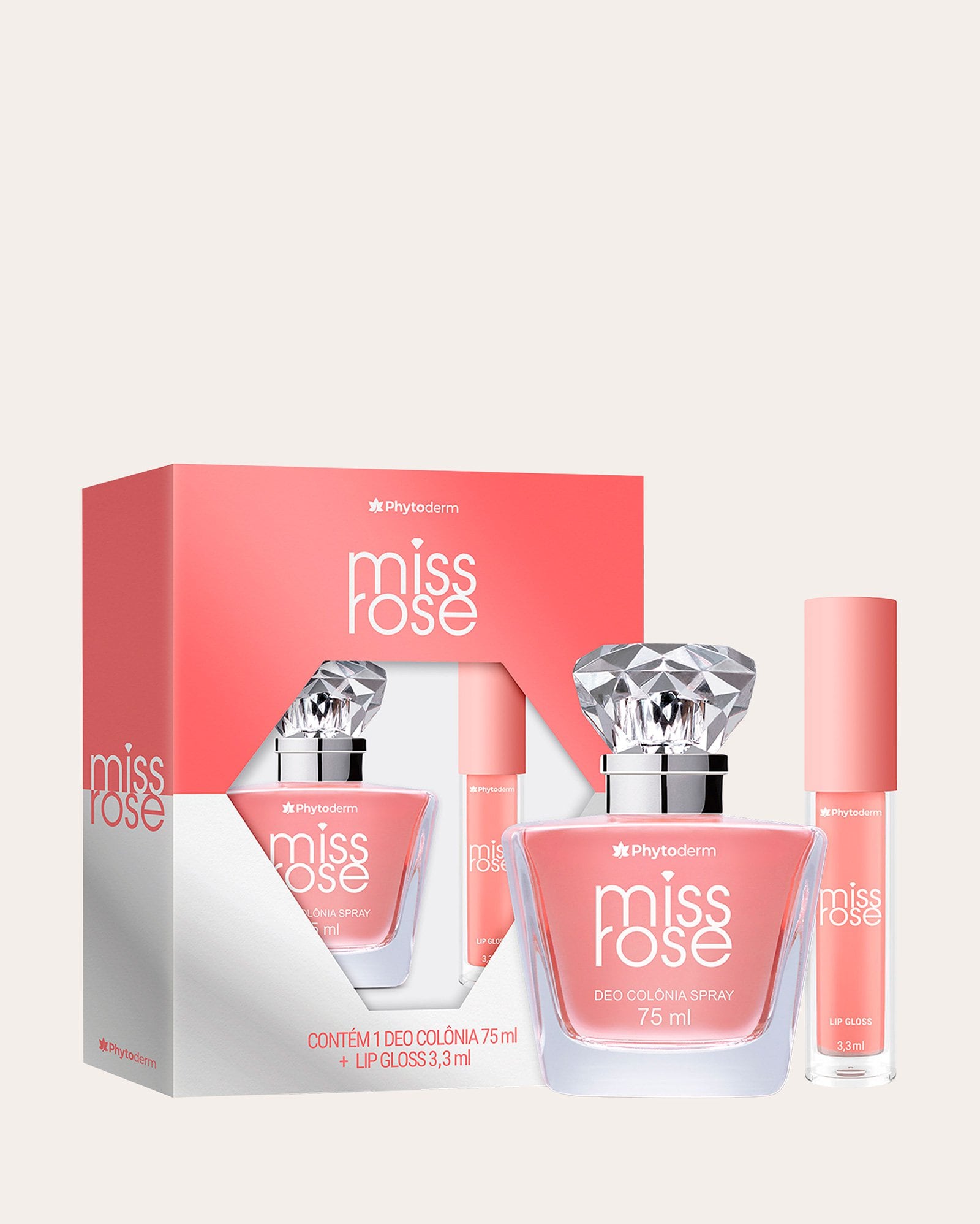 Kit deo colônia feminina 75ml + lip gloss Miss Rose 3,3ml | Phytoderm