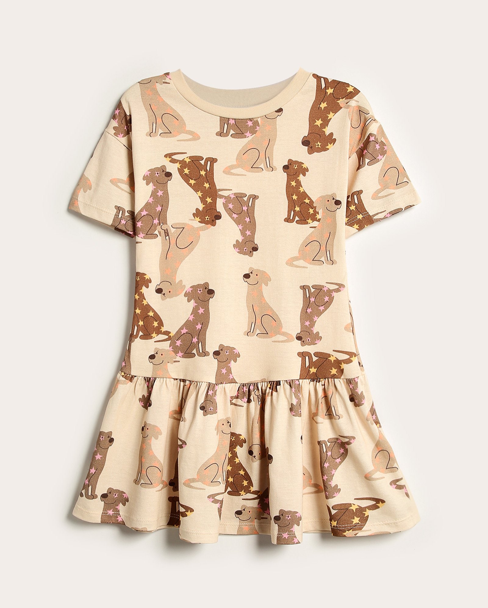 Vestido infantil evasê cachorrinhos 6-14A - bege
