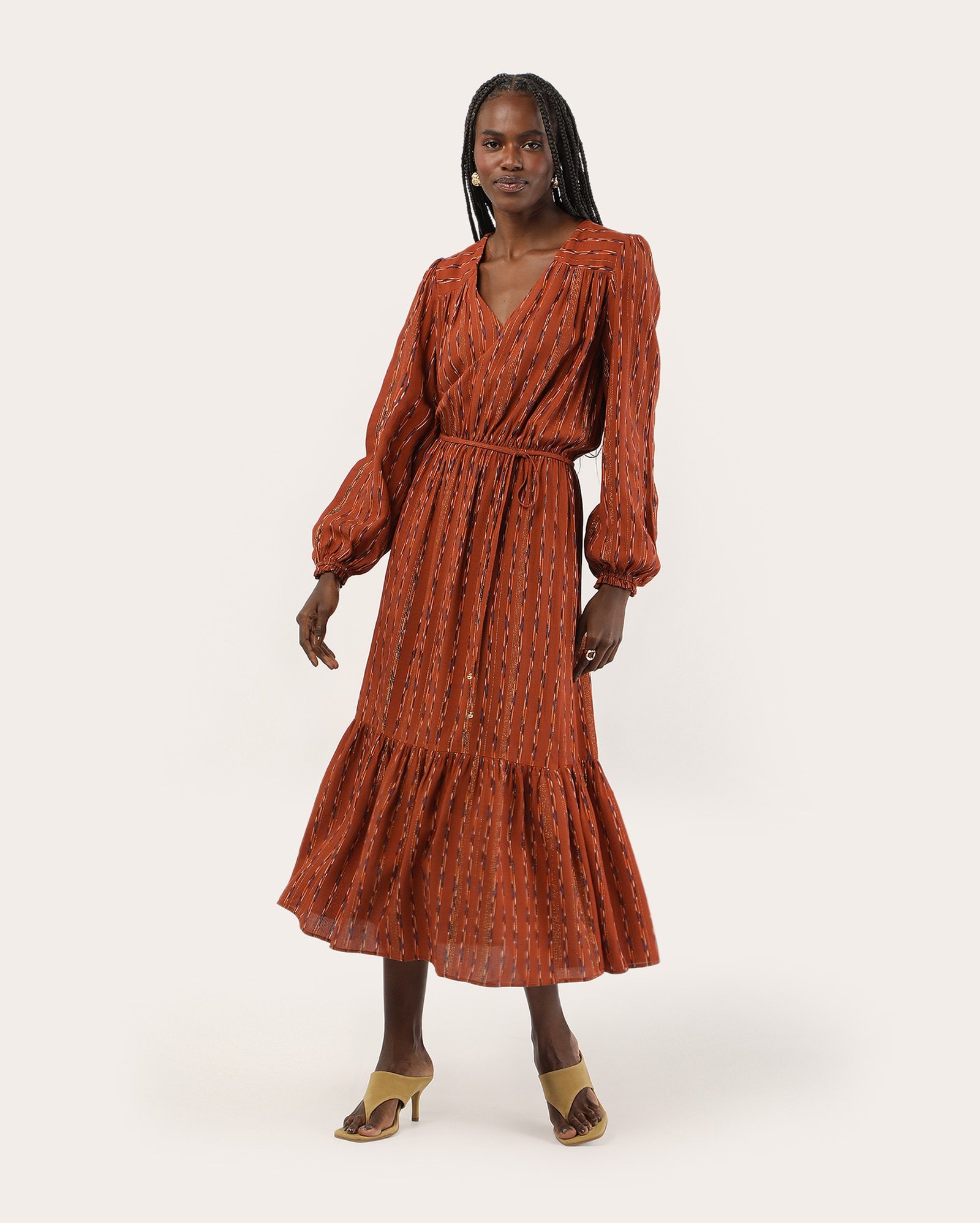 Vestido midi godê listrado - laranja