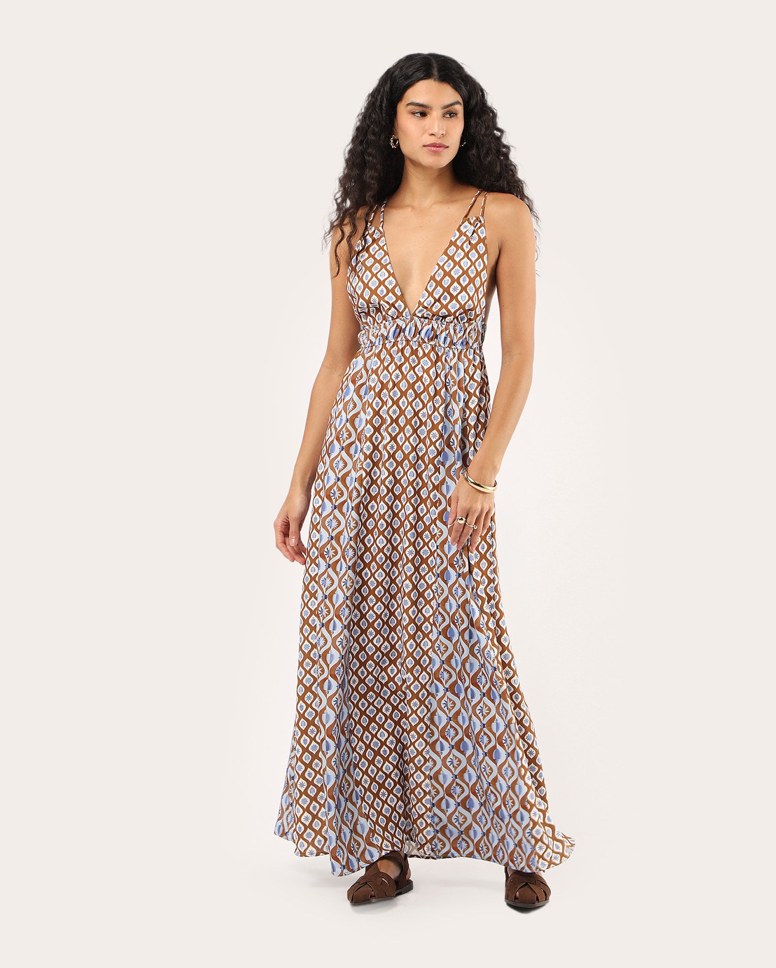 Vestido longo viscolinho estampado - Multicor