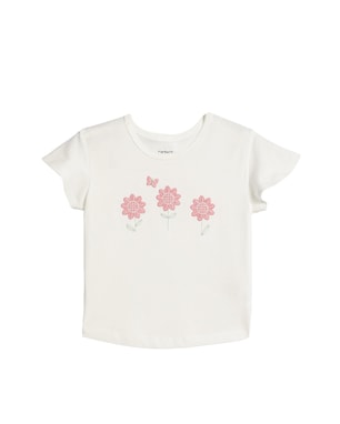 Camiseta infantil com bordado floral - branca | Carter's