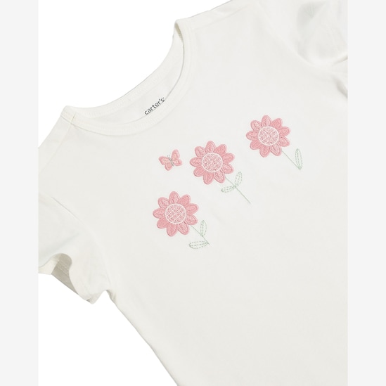 Camiseta infantil com bordado floral - branca | Carter's