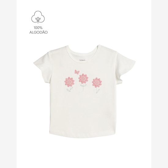 Camiseta infantil com bordado floral - branca | Carter's