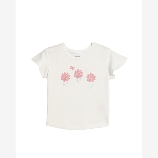 Camiseta infantil com bordado floral - branca | Carter's