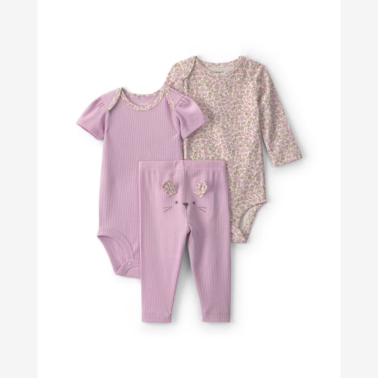Conjunto longo bebê 3 peças canelado e floral - multicor | Carter's