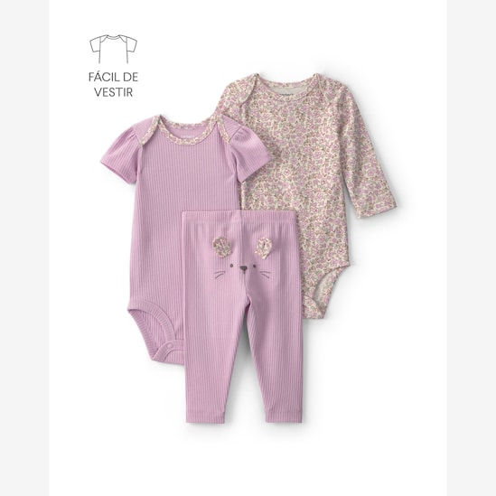 Conjunto longo bebê 3 peças canelado e floral - multicor | Carter's
