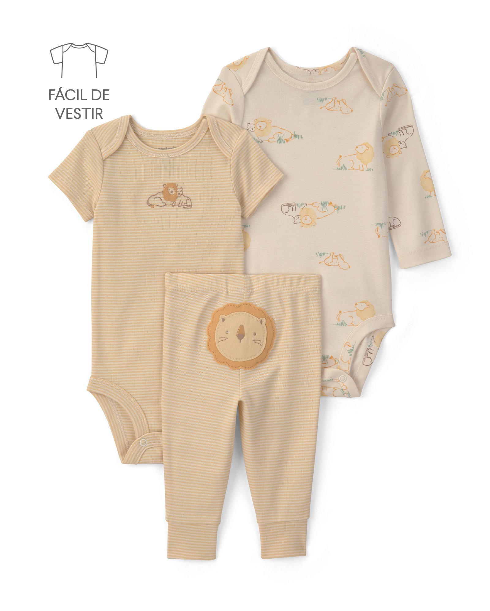Conjunto longo bebê 3 peças malha e leãozinho - multicor