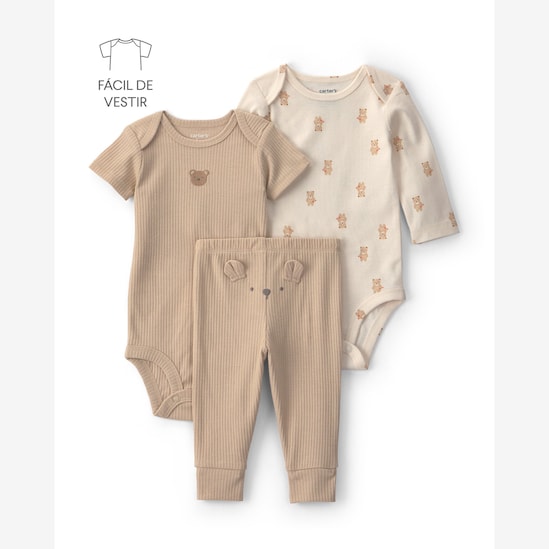 Conjunto longo bebê 3 peças canelado e ursinhos - multicor | Carter's