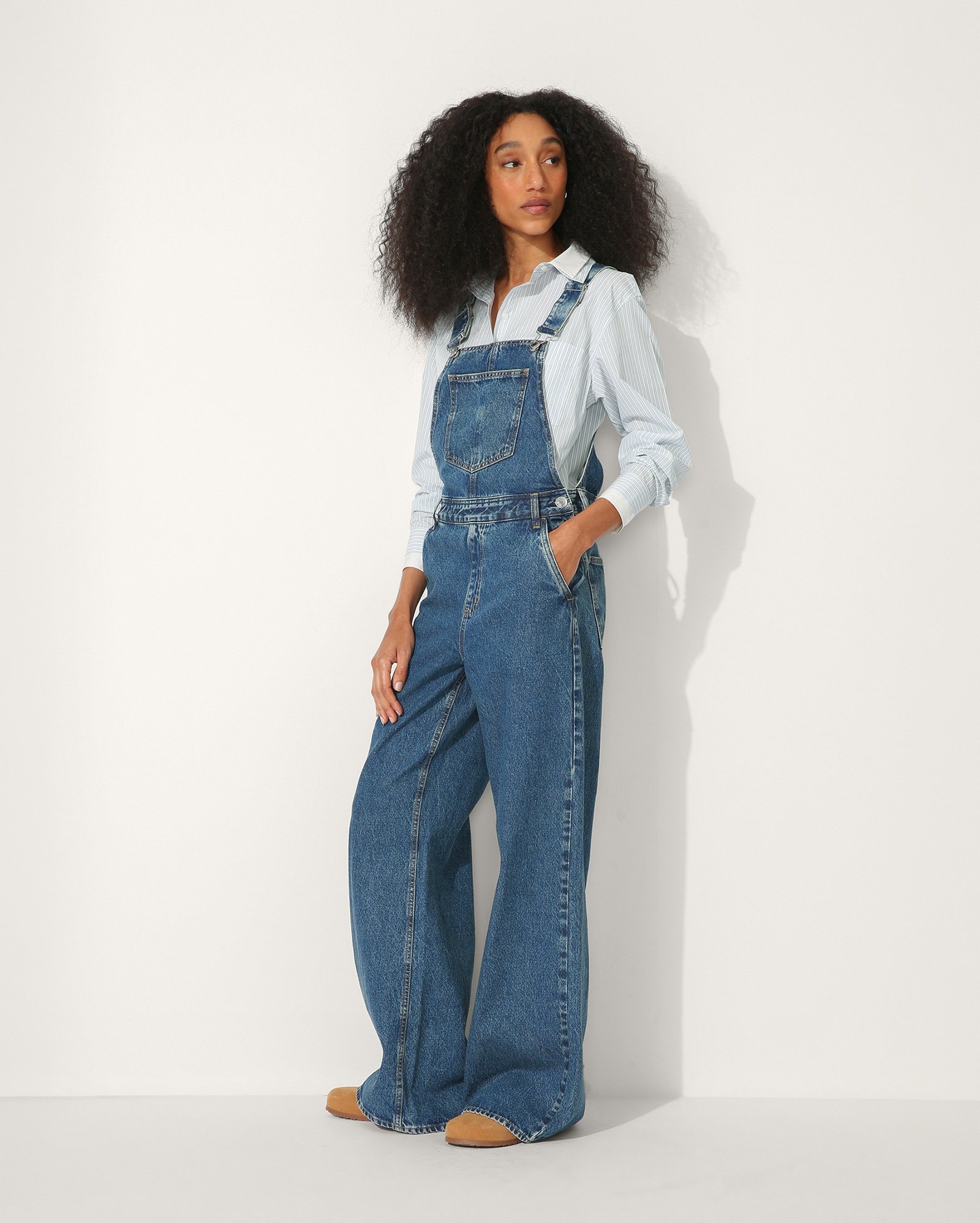 Jardineira Pool Jeans wide leg feminina - Azul Médio