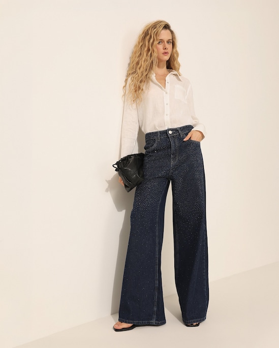 Calça Pool Jeans palazzo com strass feminina - Azul Escuro