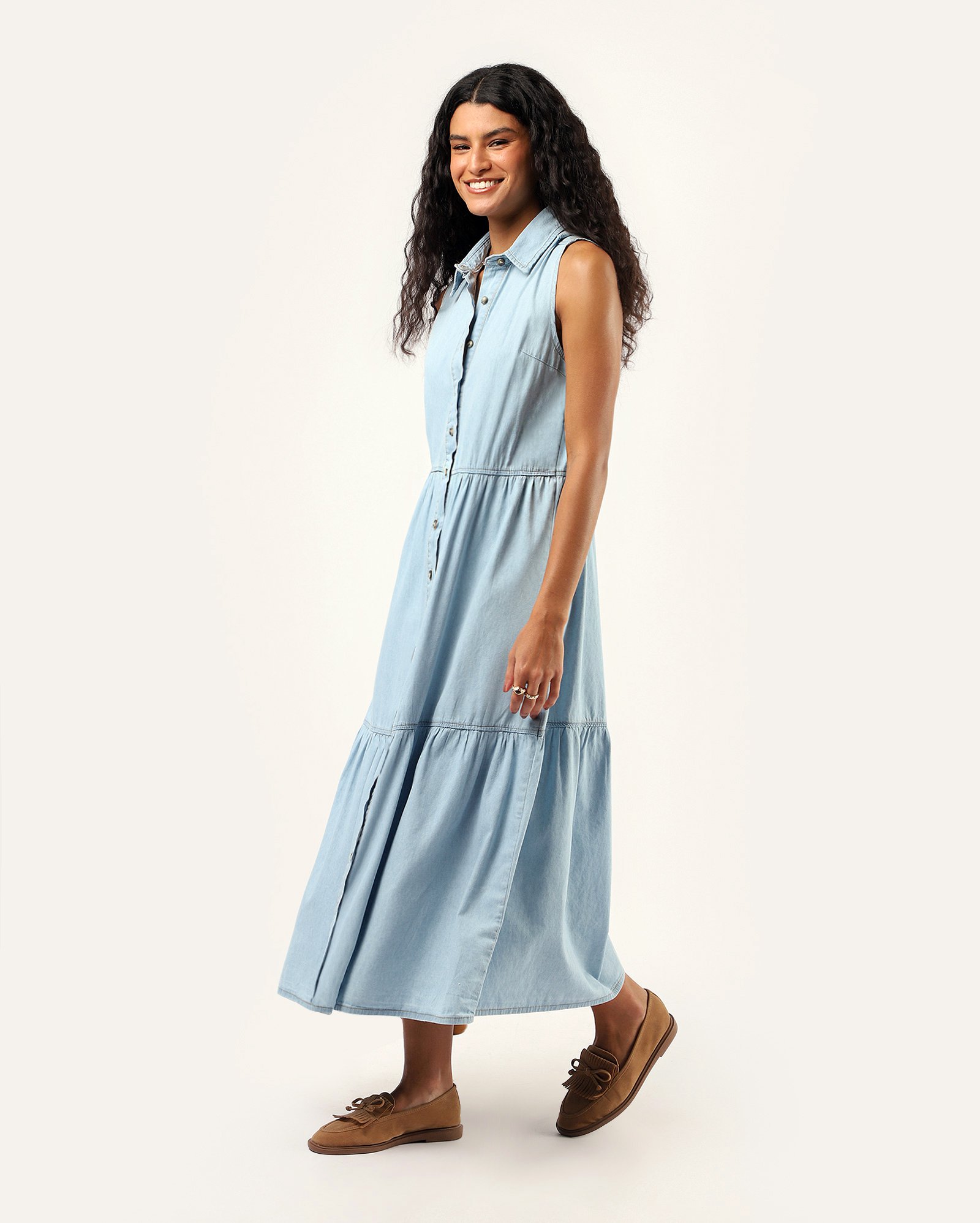 Chemise jeans midi sem manga - denim claro | Pool Jeans