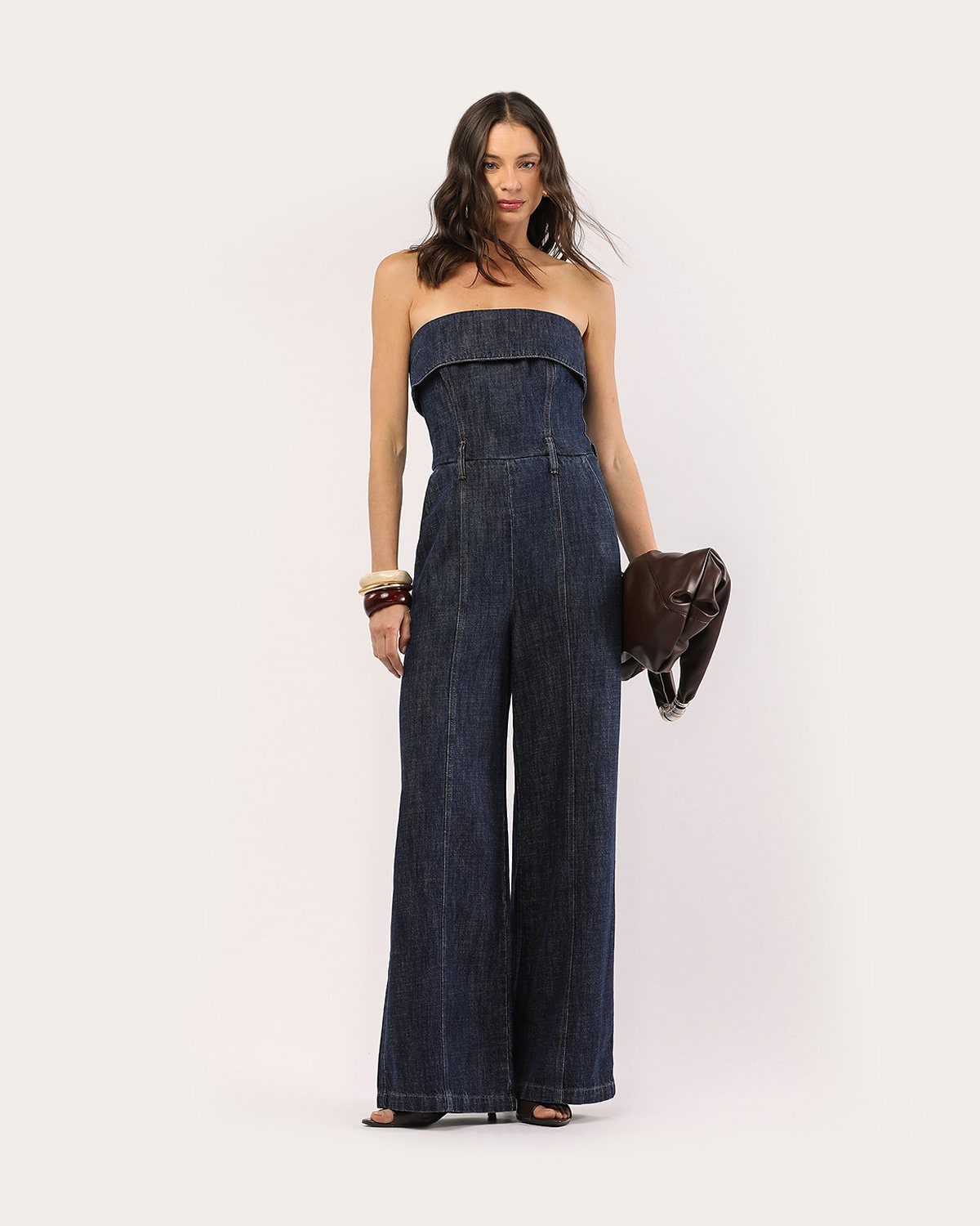 Macacão jeans strapless com pala feminino - Azul Escuro | Pool Jeans