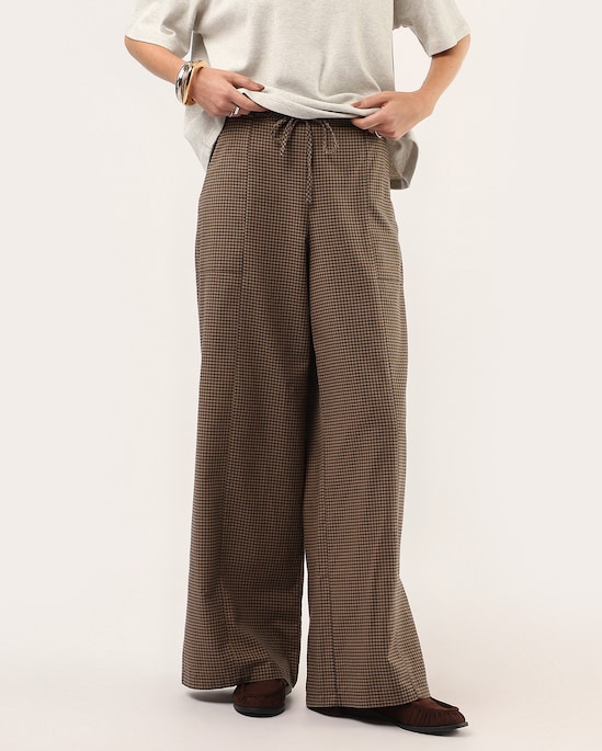 Calça feminina wide leg com amarração pied de poule - Multicor