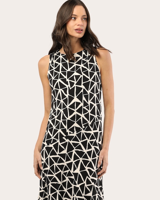 Vestido midi estampado geométrico - multicor