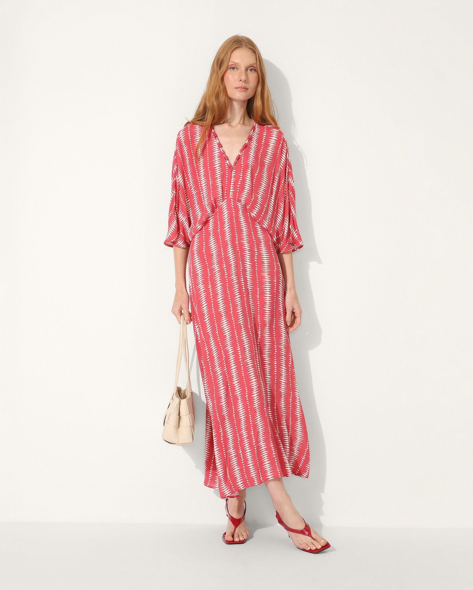 Vestido longo evasê feminino estampado - Vermelho Claro
