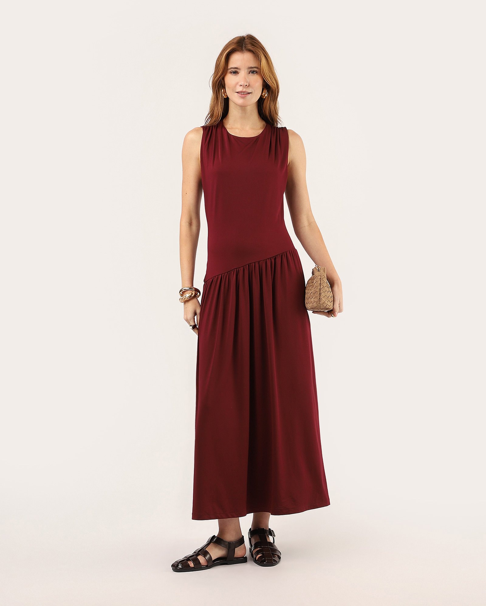 Vestido longo godê cintura deslocada - Vermelho